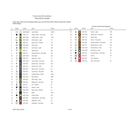Color chart for embroidery with various color codes, symbols and names on a white background