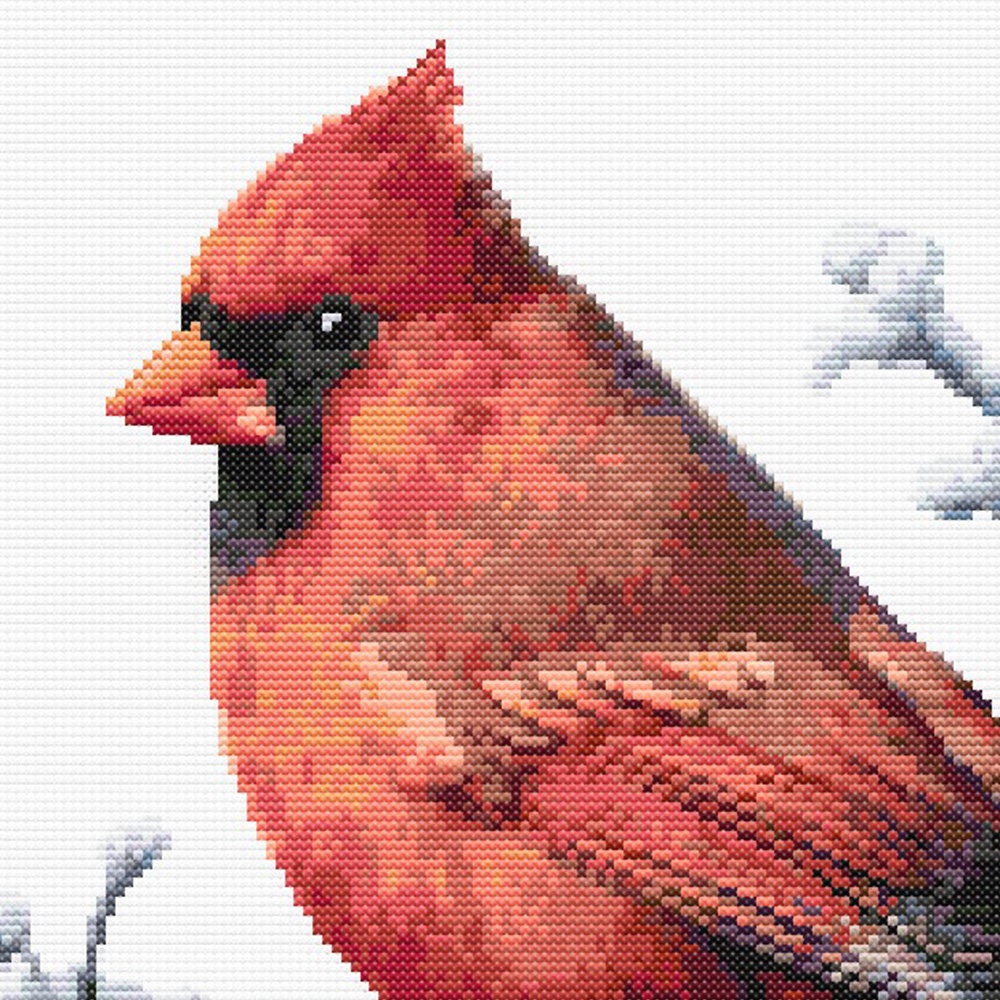 Close-up of Northern Cardinal Bird Cross Stitch Pattern showing snowy branches, red feather detail, and winter bird styling.