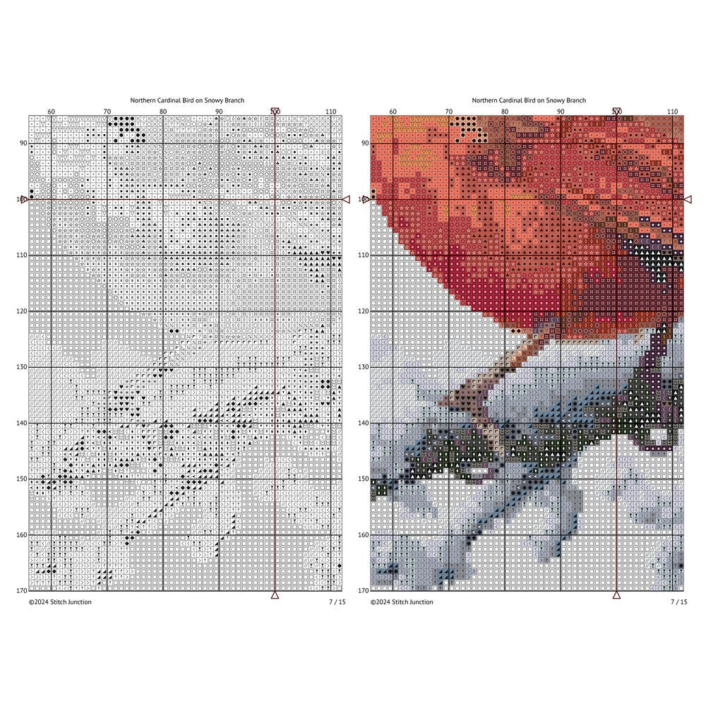 Northern Cardinal Bird Cross Stitch Pattern displayed in a white frame as winter bird wall art with a red cardinal and snowy branch detail.