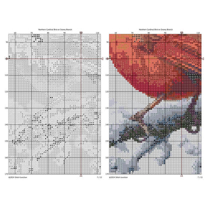 Northern Cardinal Bird Cross Stitch Pattern displayed in a white frame as winter bird wall art with a red cardinal and snowy branch detail.
