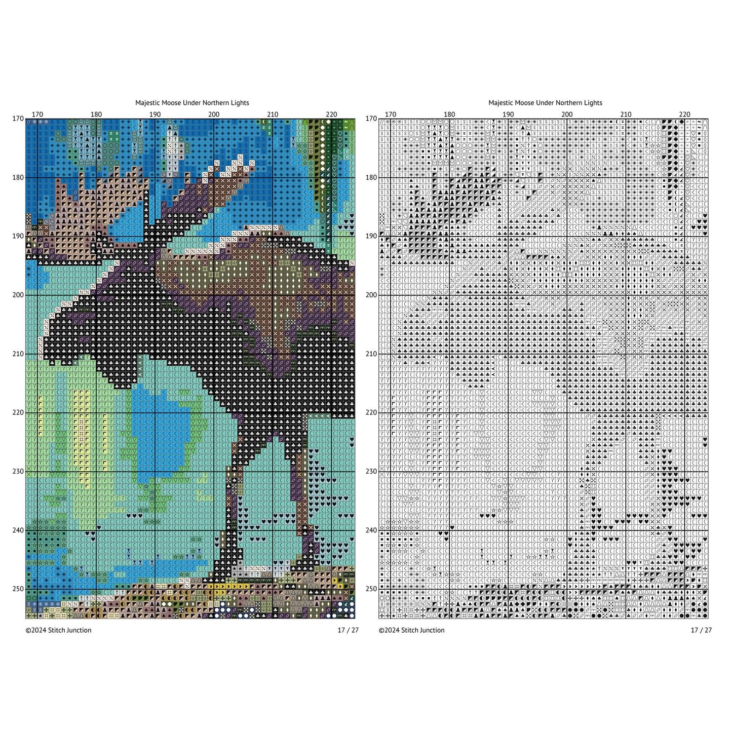Moose cross-stitch pattern with color chart on the left and black and white grid on the right.