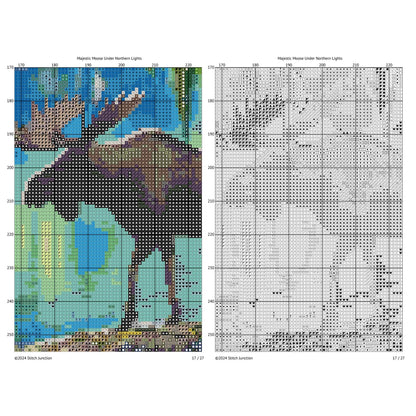 Moose cross-stitch pattern with color chart on the left and black and white grid on the right.