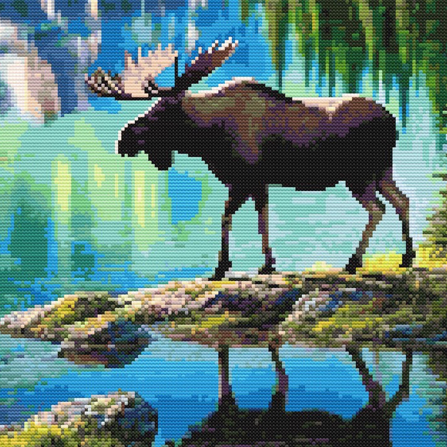 Moose standing on a rock with a forest and water background