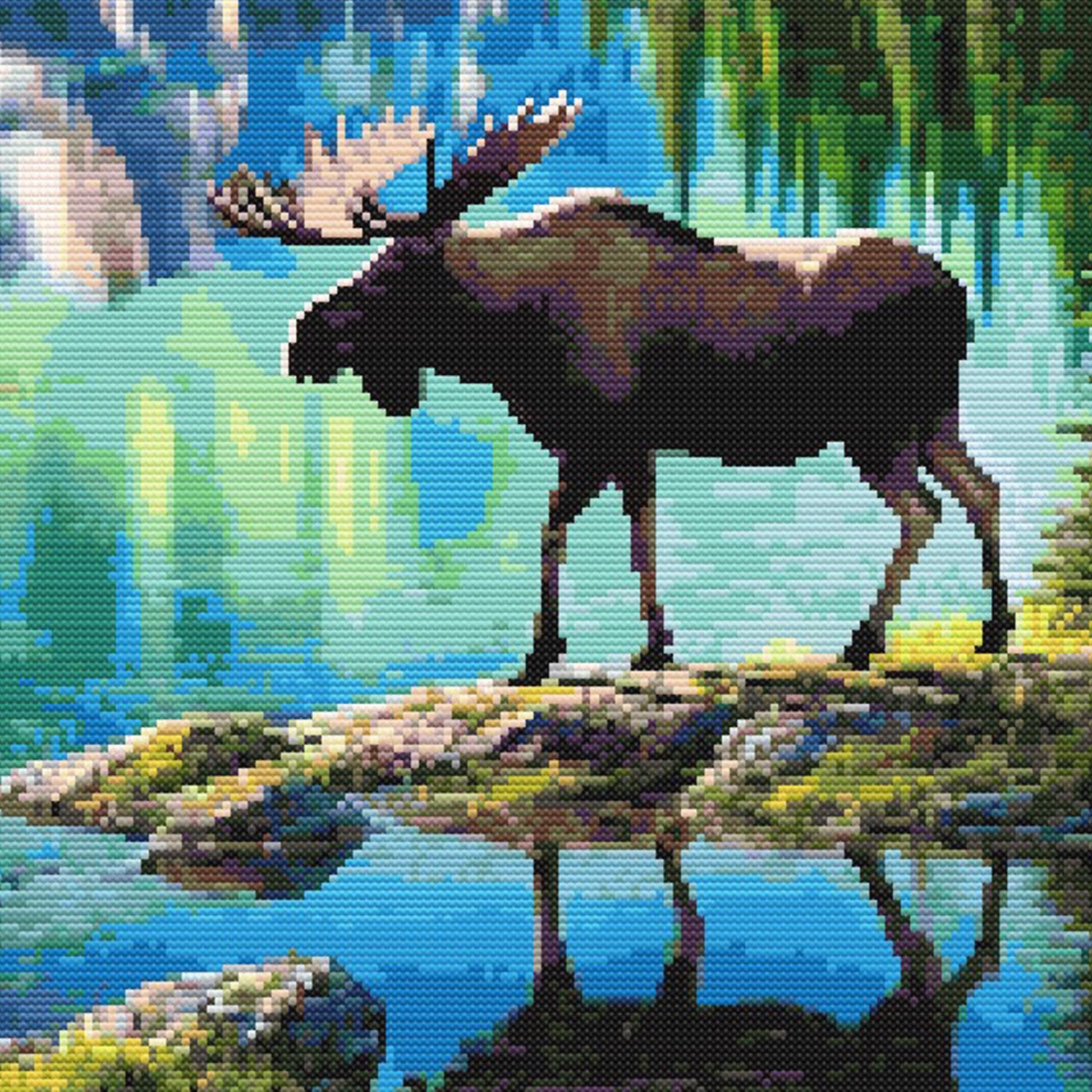 Moose standing on a rock with a forest and water background