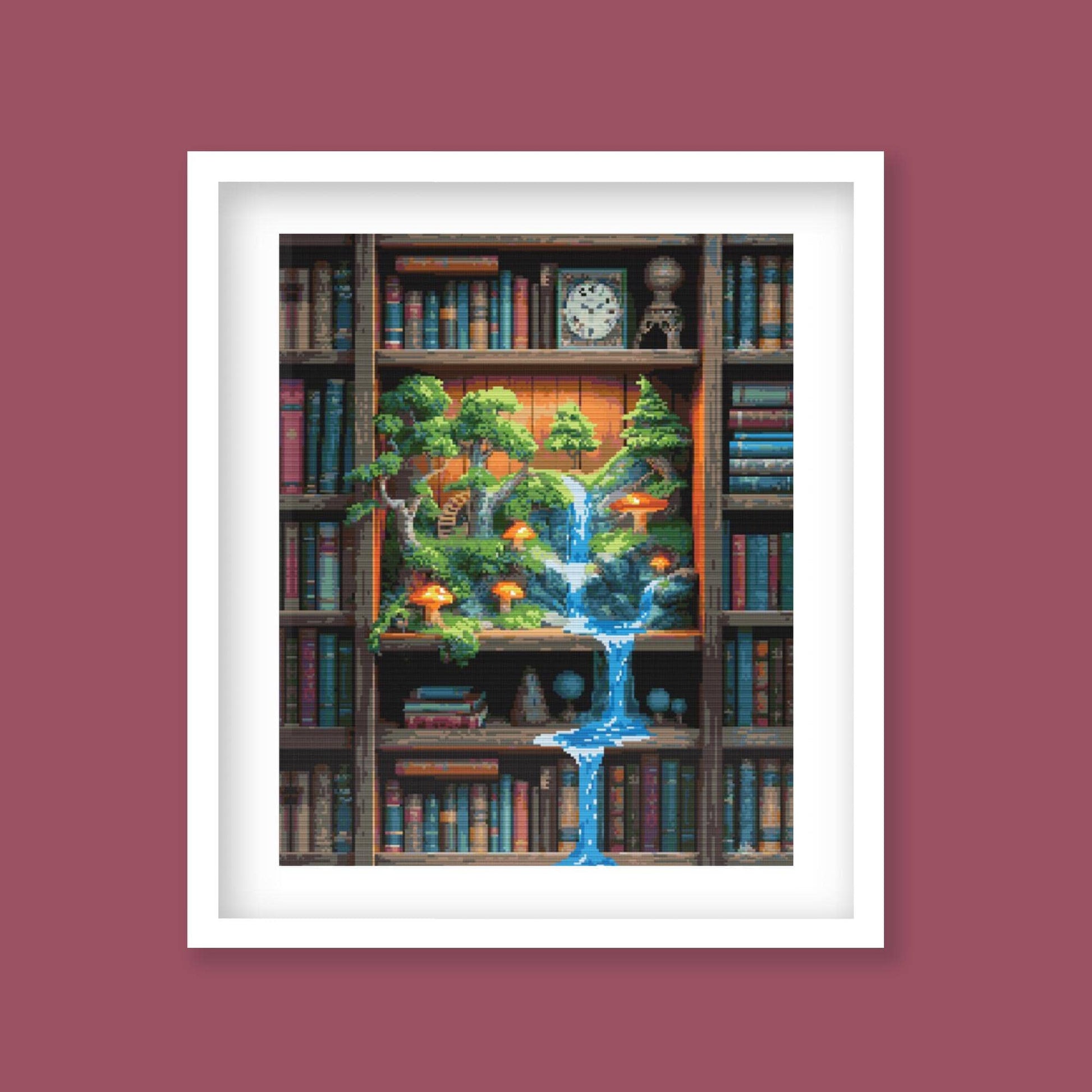Fantasy Bookshelf Cross Stitch Pattern displayed as framed wall art with bookshelves, an enchanted forest, glowing waterfall, and magical library detail.