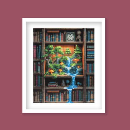 Fantasy Bookshelf Cross Stitch Pattern displayed as framed wall art with bookshelves, an enchanted forest, glowing waterfall, and magical library detail.