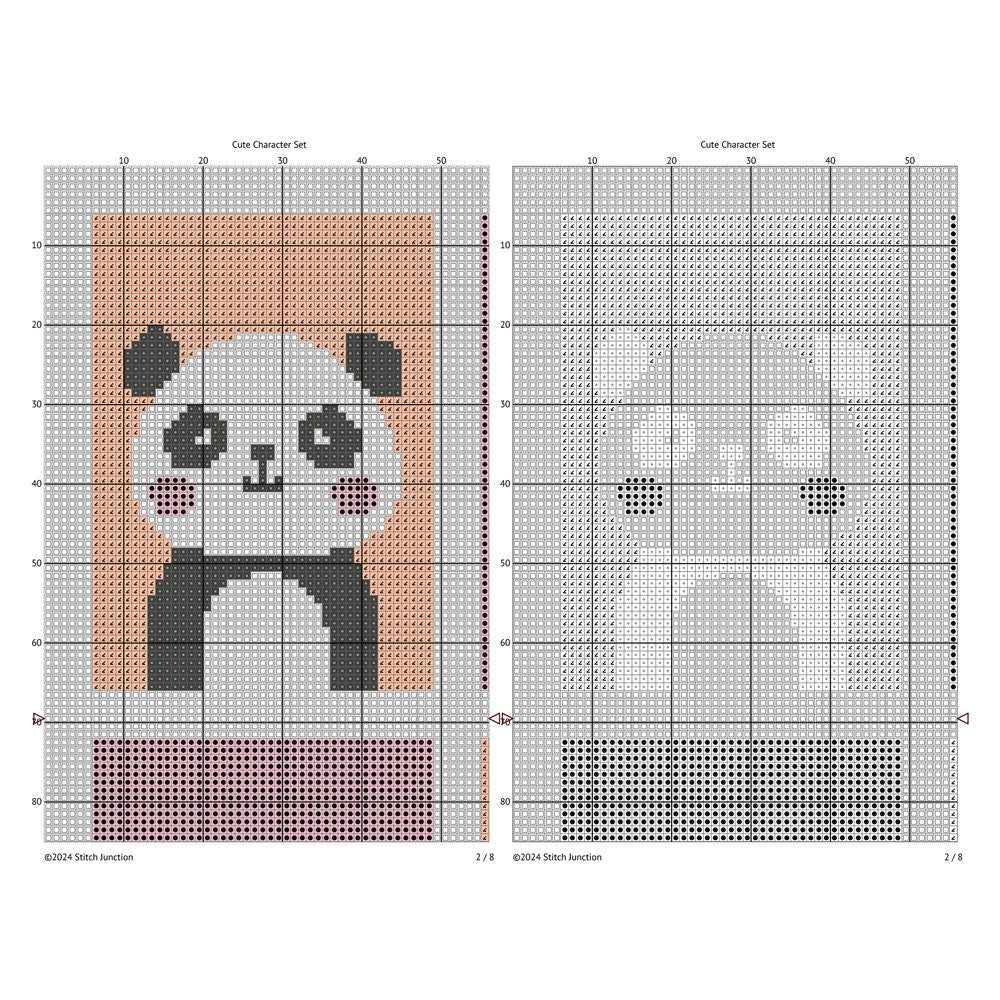 Cute Nursery Animal Cross Stitch Pattern Set digital download chart preview with colour symbols and black-and-white symbol chart for printable counted cross stitch.
