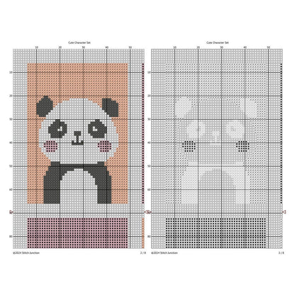 Cute Nursery Animal Cross Stitch Pattern Set digital download chart preview with colour symbols and black-and-white symbol chart for printable counted cross stitch.