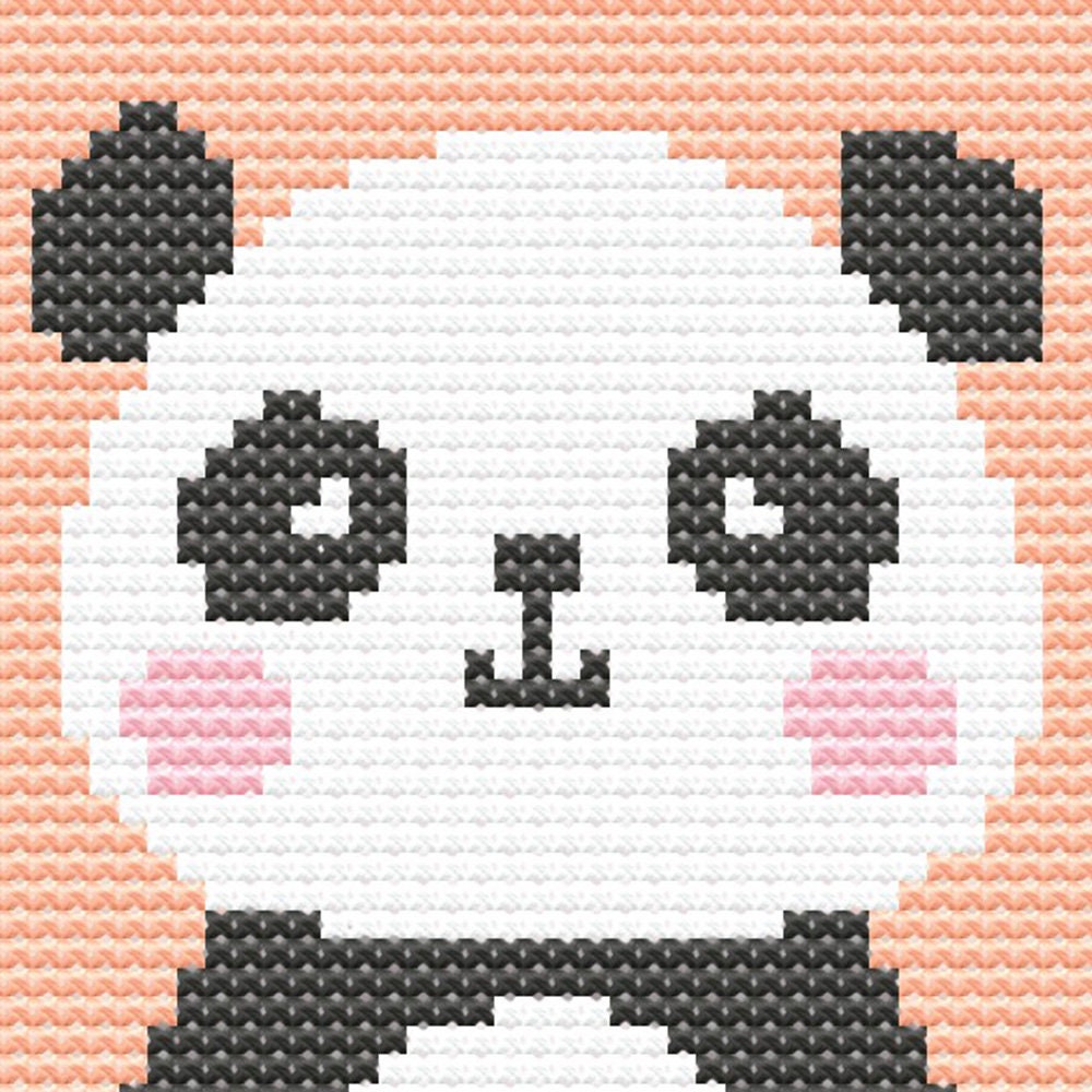 Close-up of Cute Nursery Animal Cross Stitch Pattern Set showing a panda design with soft pink background and visible counted cross stitch texture.