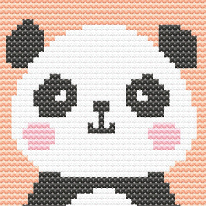 Close-up of Cute Nursery Animal Cross Stitch Pattern Set showing a panda design with soft pink background and visible counted cross stitch texture.