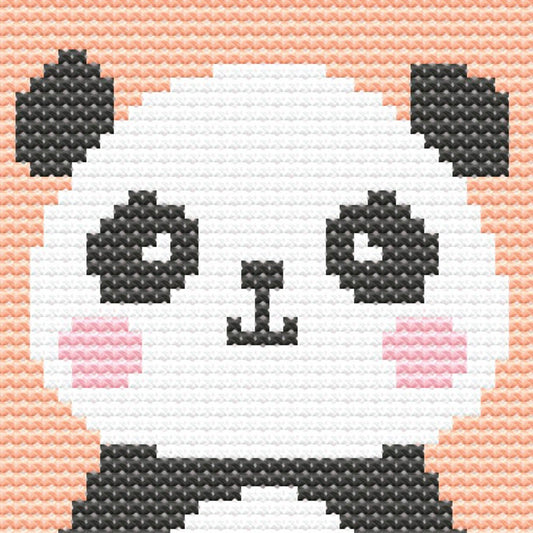 Close-up of Cute Nursery Animal Cross Stitch Pattern Set showing a panda design with soft pink background and visible counted cross stitch texture.
