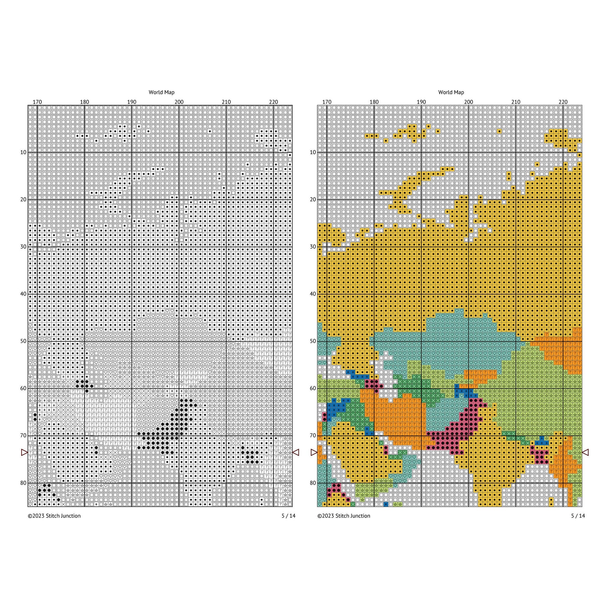 Colourful World Map Cross Stitch Pattern digital download chart preview with colour symbols and black-and-white symbol chart for printable counted cross stitch.