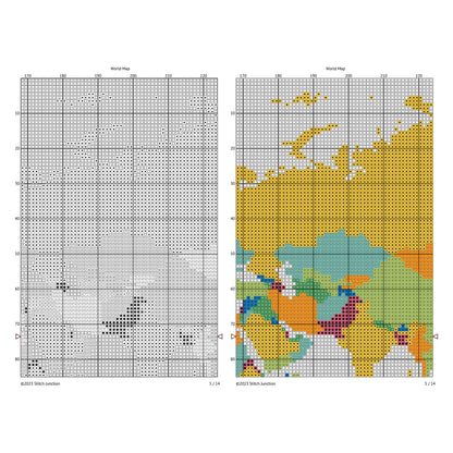 Colourful World Map Cross Stitch Pattern digital download chart preview with colour symbols and black-and-white symbol chart for printable counted cross stitch.