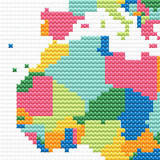 Colourful World Map Cross Stitch Pattern featuring a bright world map design with bold colour blocks, clean geographic detail, and educational wall art style.