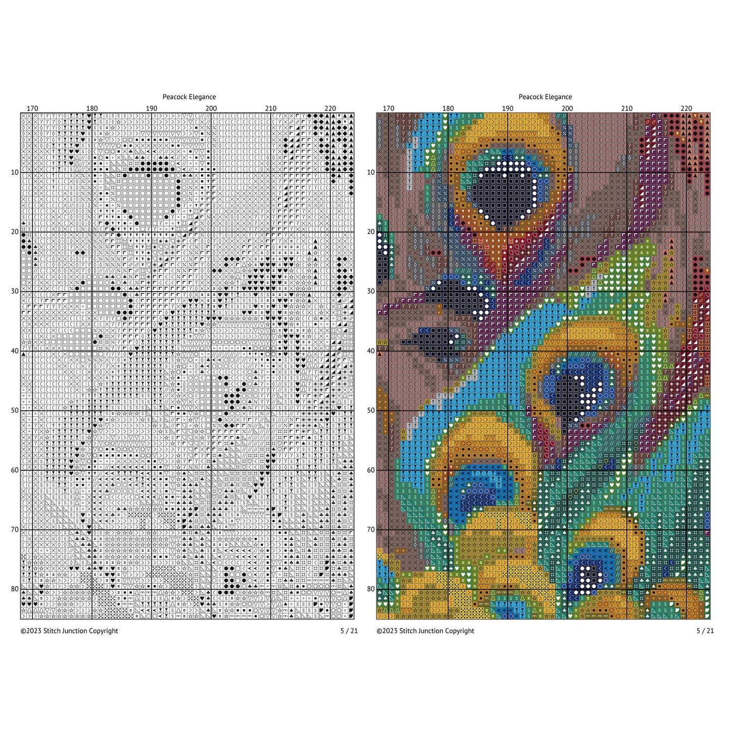 Peacock Cross Stitch Pattern chart preview with colour symbols and black-and-white symbol chart for a printable digital PDF pattern.