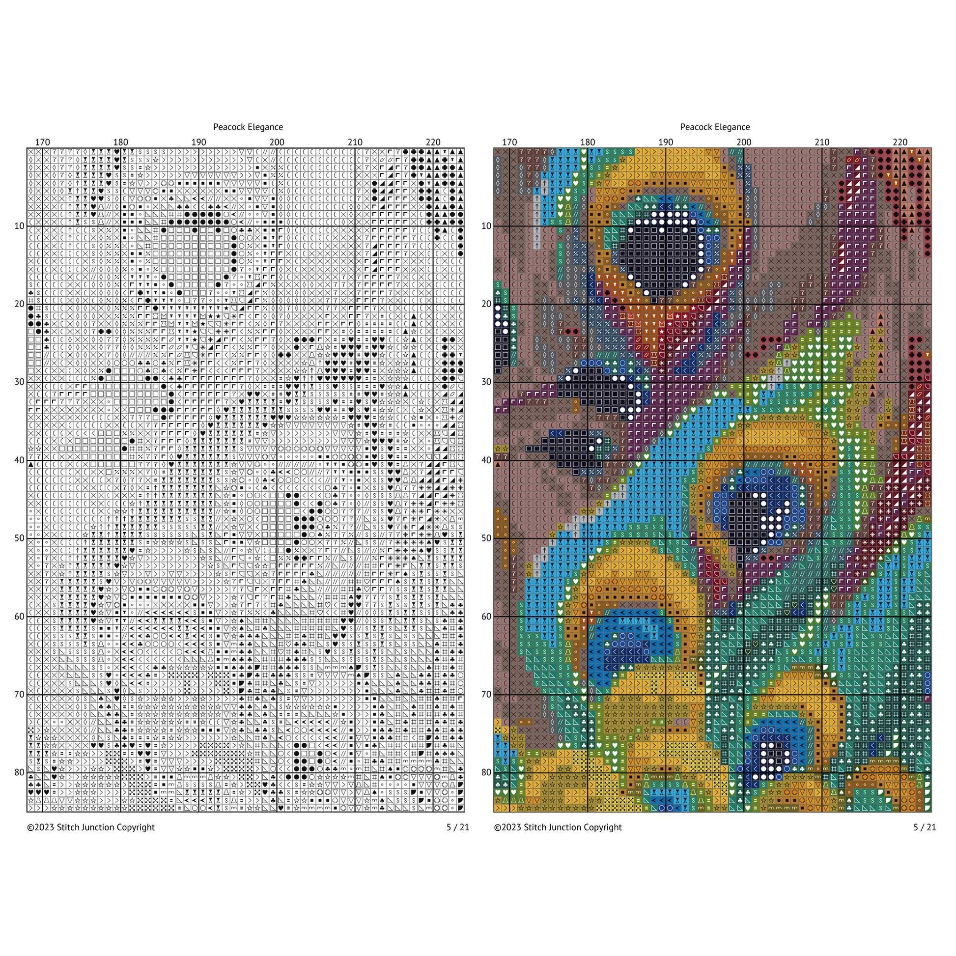 Peacock Cross Stitch Pattern chart preview with colour symbols and black-and-white symbol chart for a printable digital PDF pattern.