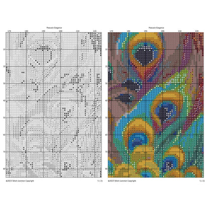 Peacock Cross Stitch Pattern chart preview with colour symbols and black-and-white symbol chart for a printable digital PDF pattern.