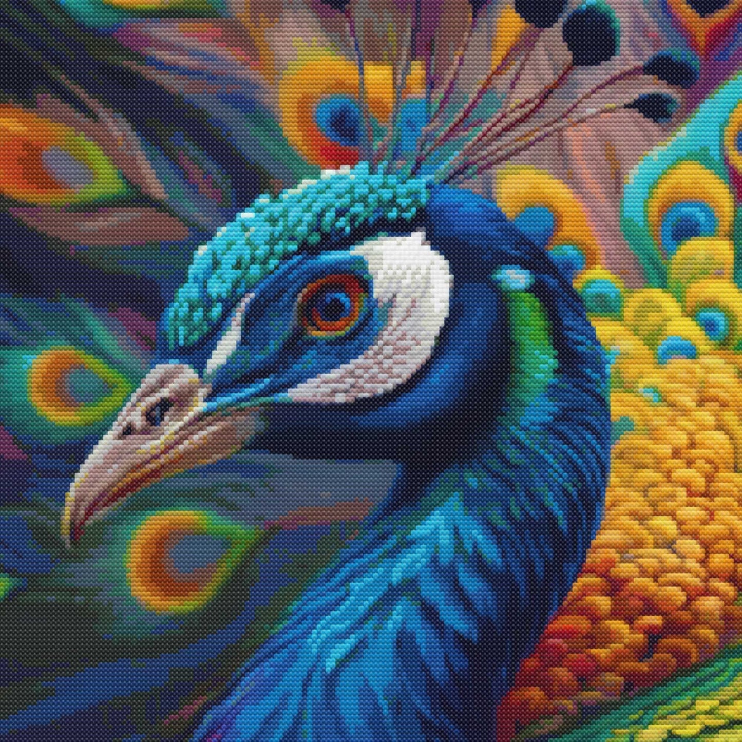 Peacock cross stitch pattern featuring a vibrant colourful bird with detailed feathers and decorative nature-inspired embroidery.