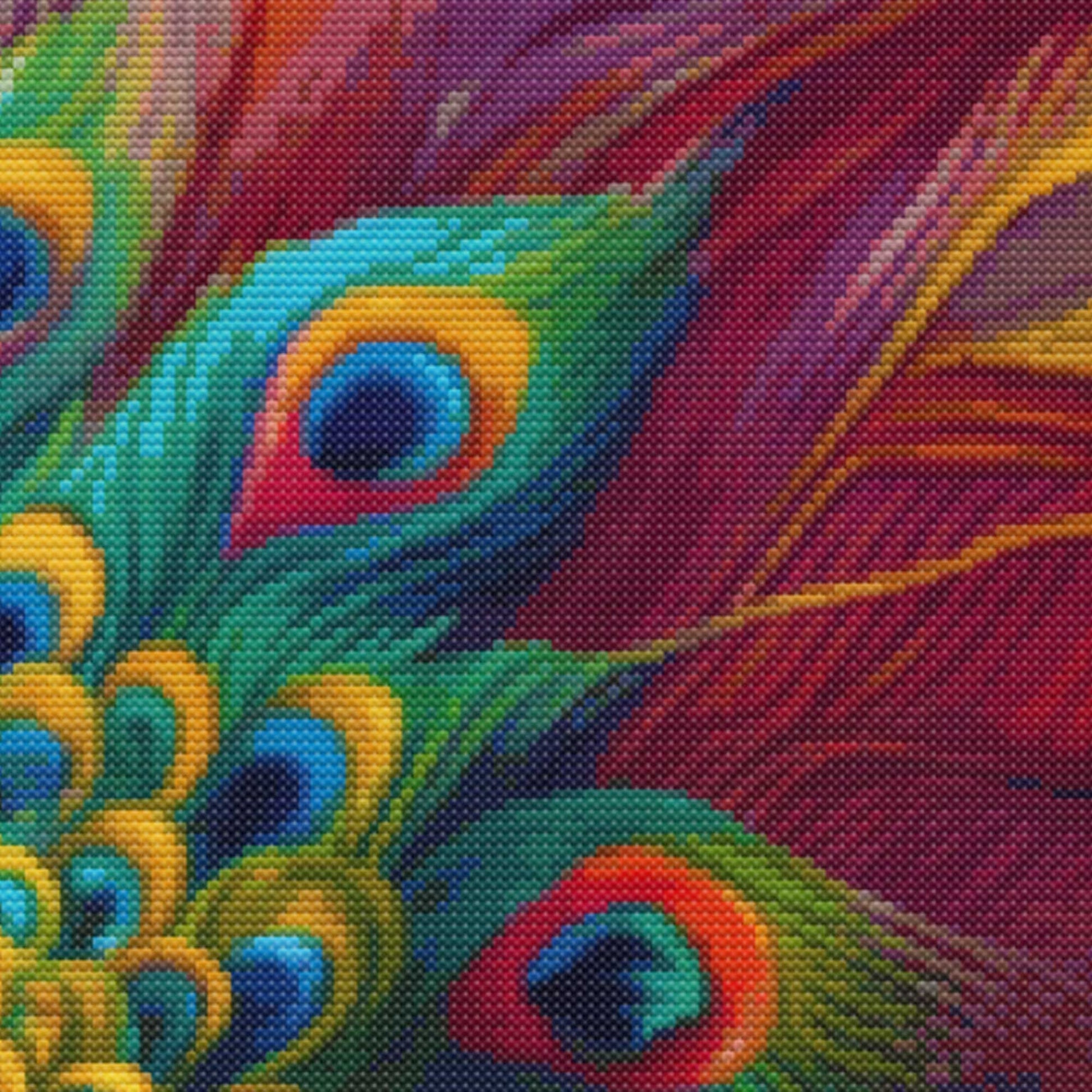 Close-up of Peacock Cross Stitch Pattern showing detailed feather colours, bright stitching, and visible counted cross stitch texture.