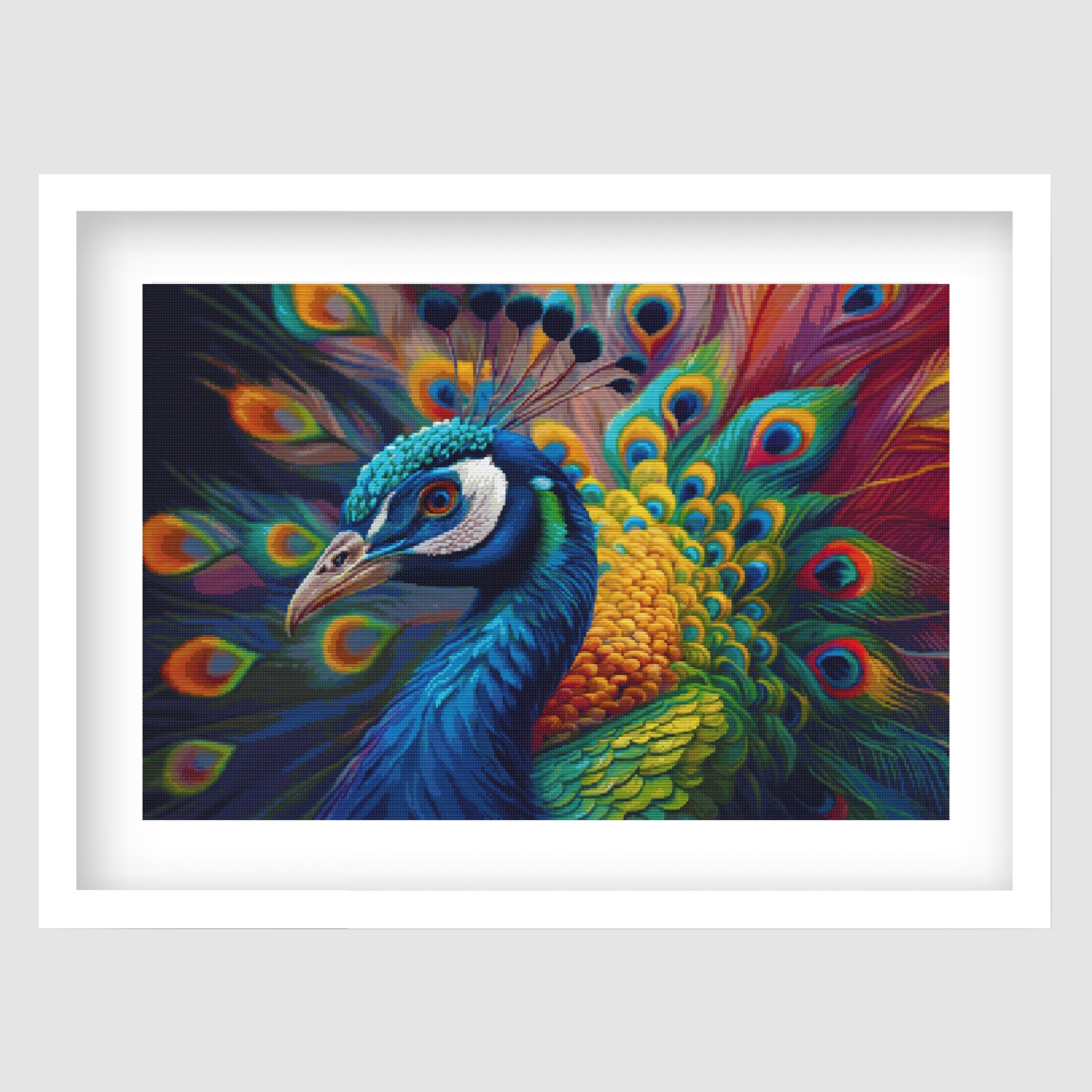 Peacock cross stitch pattern featuring a vibrant colourful bird with detailed feathers and decorative nature-inspired embroidery.