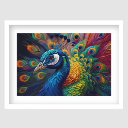 Peacock cross stitch pattern featuring a vibrant colourful bird with detailed feathers and decorative nature-inspired embroidery.