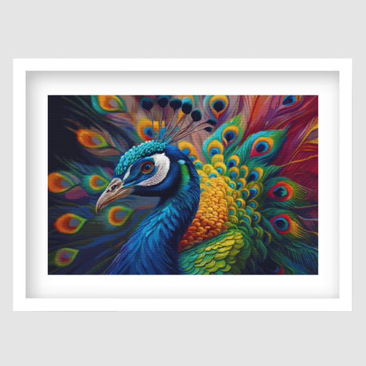 Peacock cross stitch pattern featuring a vibrant colourful bird with detailed feathers and decorative nature-inspired embroidery.