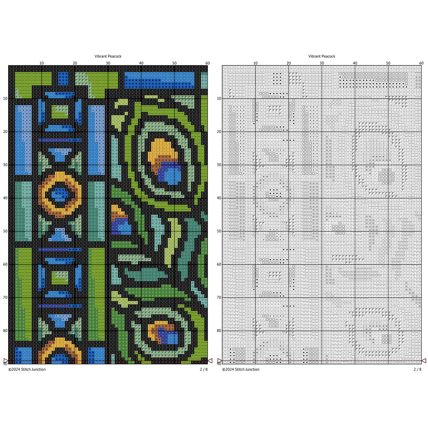 Cross-stitch pattern with peacock design on a white background
