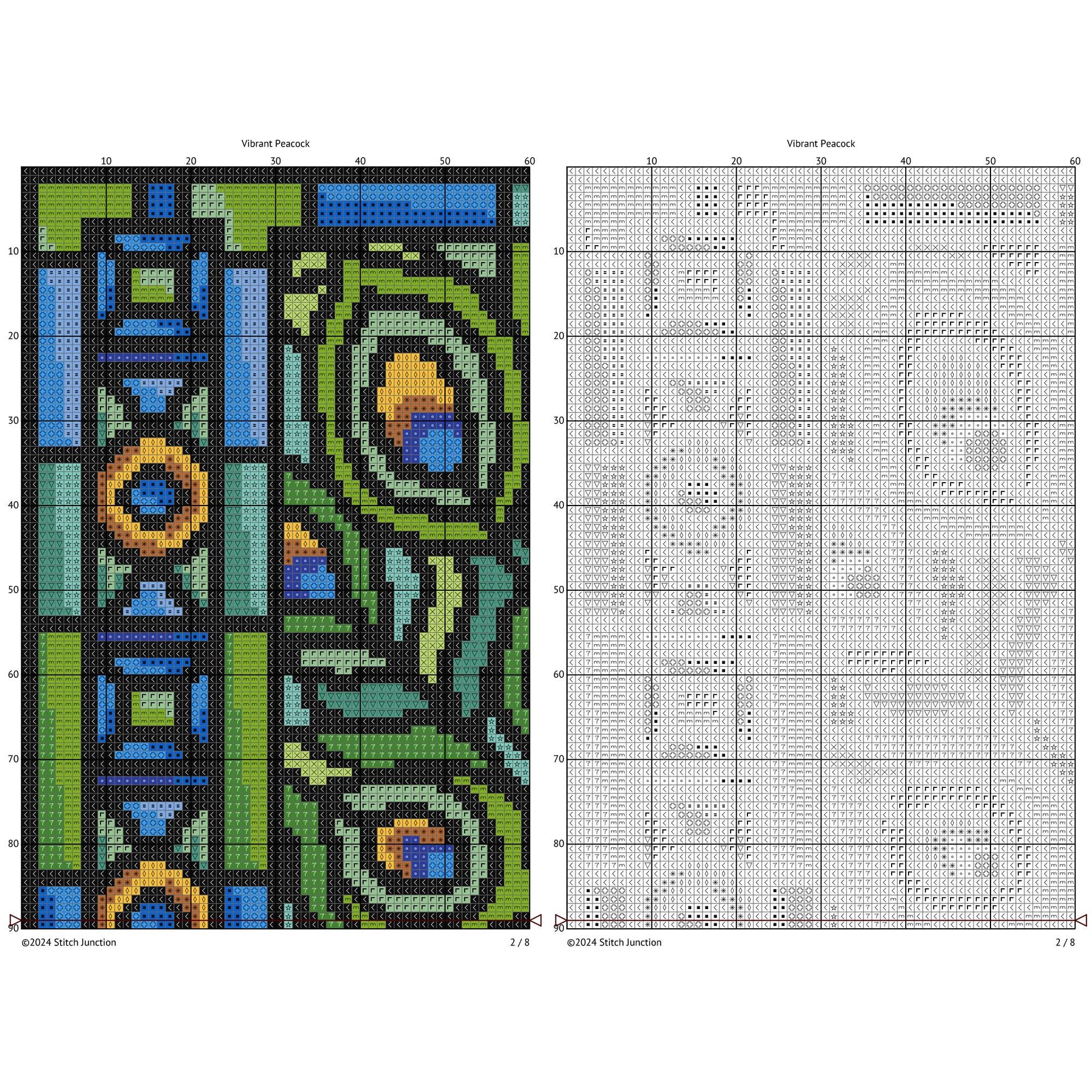 Cross-stitch pattern with peacock design on a white background