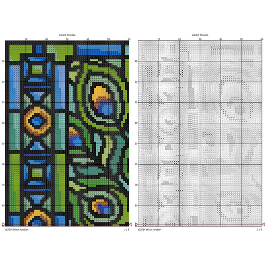 Cross-stitch pattern with peacock design on a white background