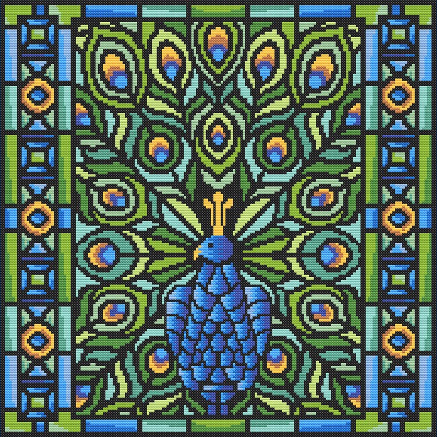 Cross-stitched peacock design with geometric patterns