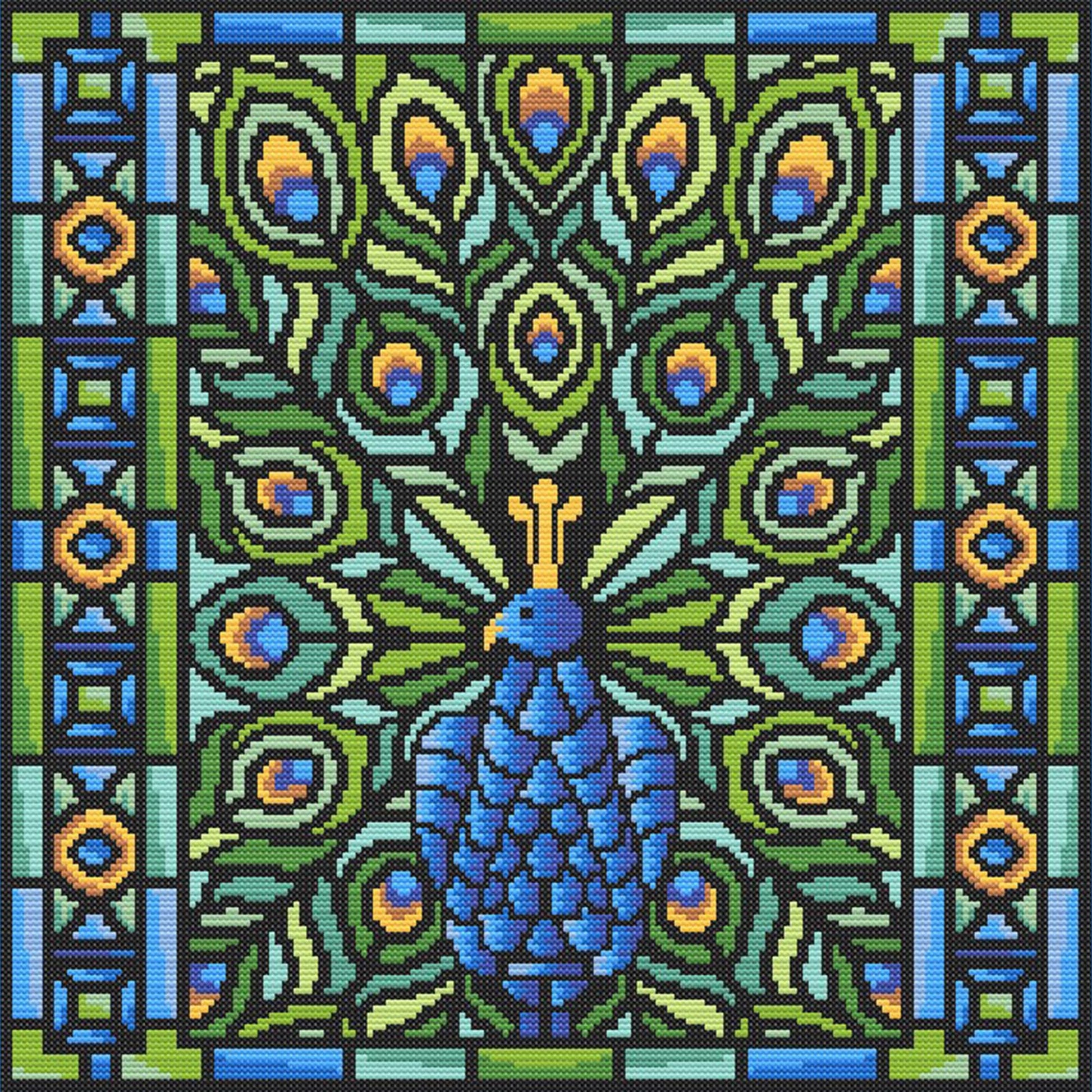 Cross-stitched peacock design with geometric patterns