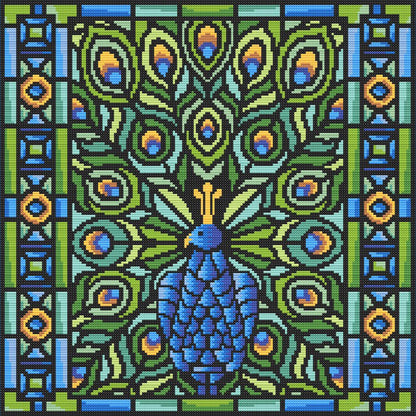 Cross-stitched peacock design with geometric patterns