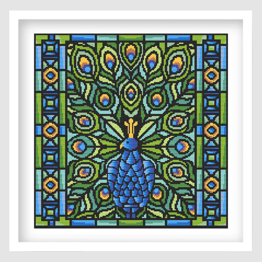 Peacock Mosaic Cross Stitch Pattern displayed as framed wall art with a blue peacock, jewel-tone feathers, bold black outlines, and stained glass-inspired detail.
