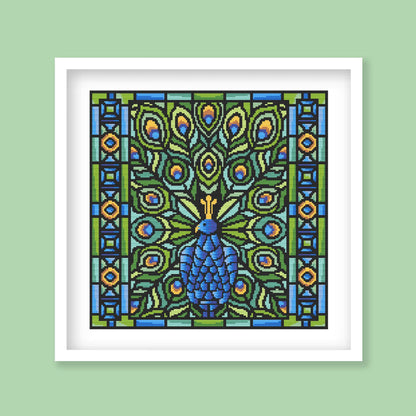 Framed artwork of a peacock design on a green background