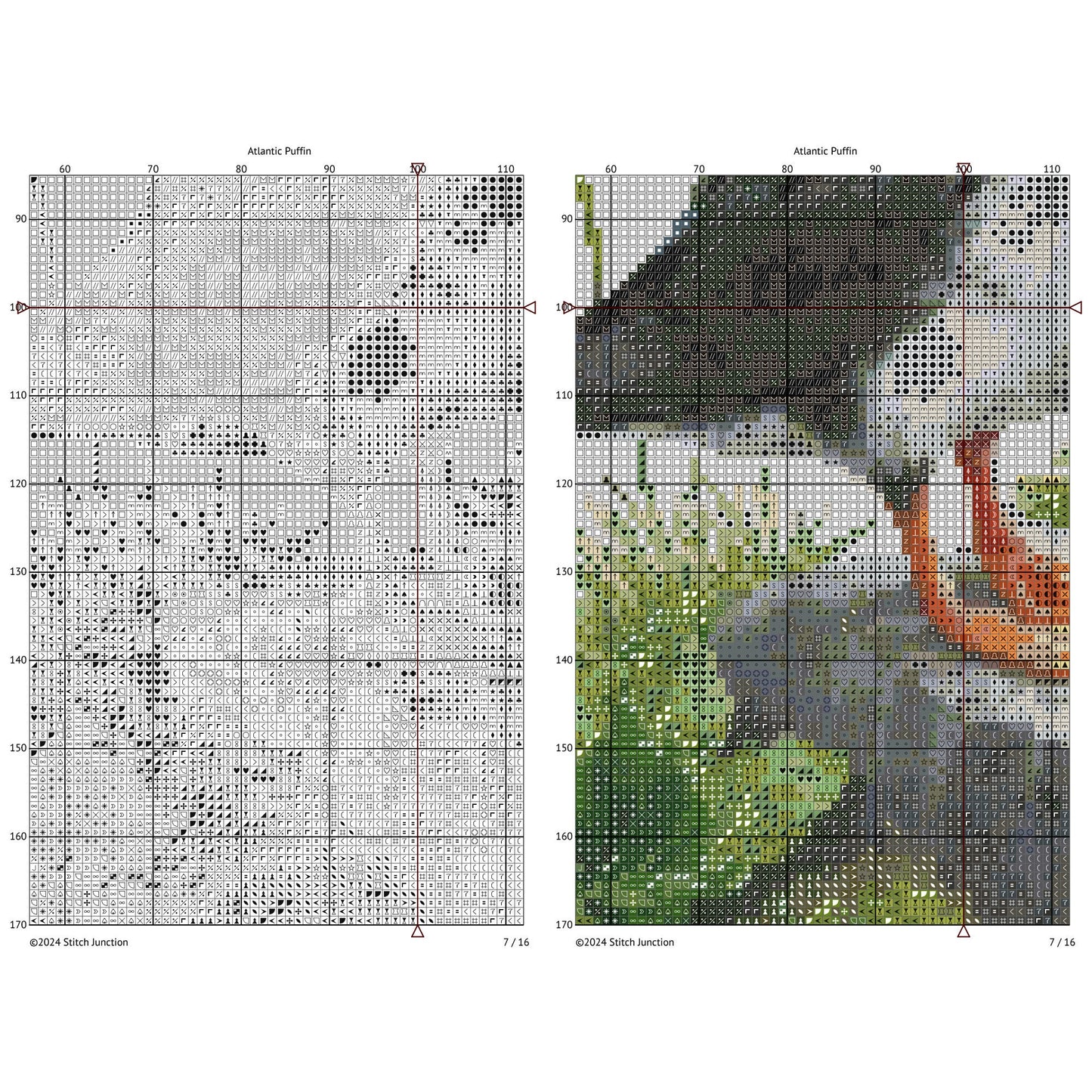 Puffin Cross Stitch Pattern digital download chart preview with colour symbols and black-and-white symbol chart for printable counted cross stitch.