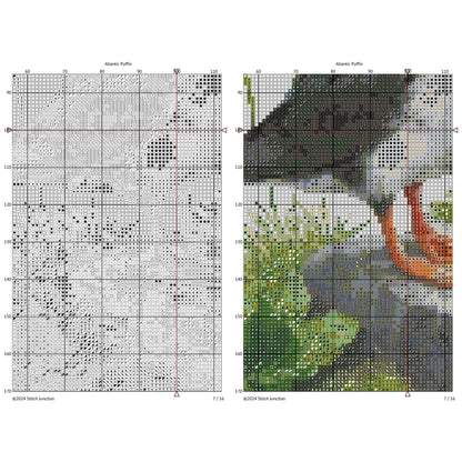 Puffin Cross Stitch Pattern digital download chart preview with colour symbols and black-and-white symbol chart for printable counted cross stitch.
