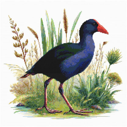 Pukeko Bird Cross Stitch Pattern featuring a native New Zealand pukeko standing among grasses with bold blue, black, and red bird colouring.