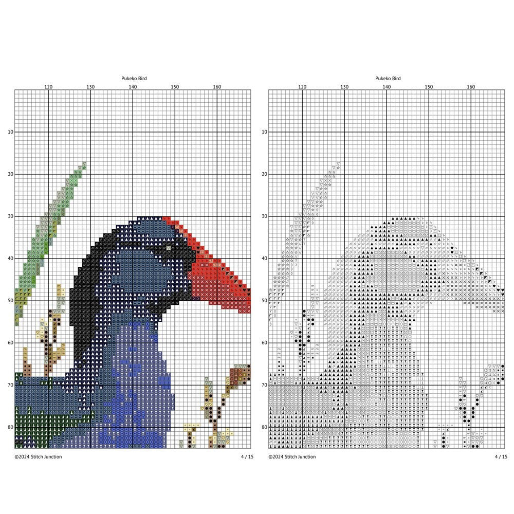 Pukeko Bird Cross Stitch Pattern digital download chart preview with colour symbols and black-and-white symbol chart for printable counted cross stitch.