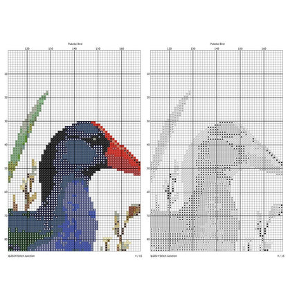 Pukeko Bird Cross Stitch Pattern digital download chart preview with colour symbols and black-and-white symbol chart for printable counted cross stitch.