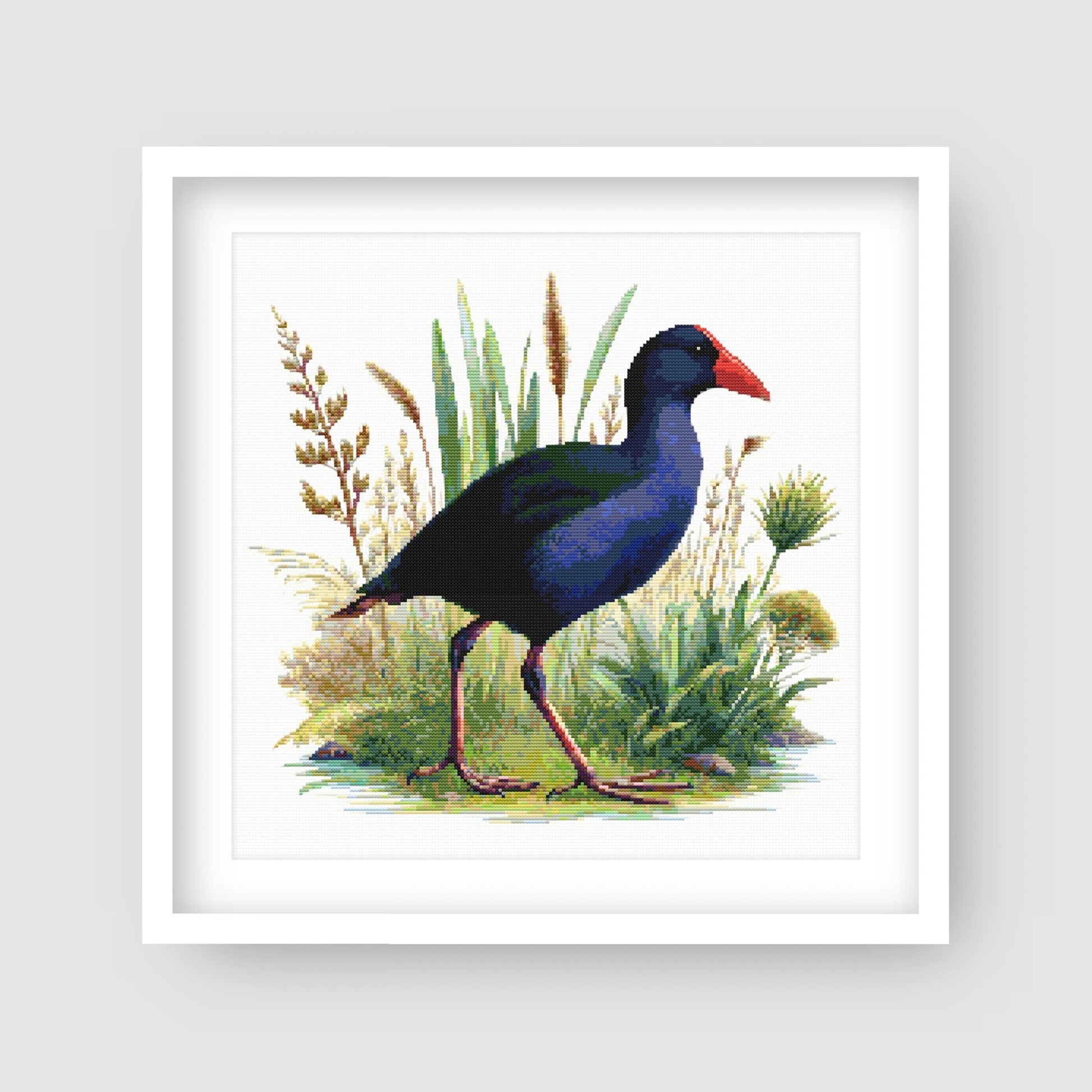 Pukeko Bird Cross Stitch Pattern displayed in a black frame with native New Zealand bird artwork and wetland-inspired detail.