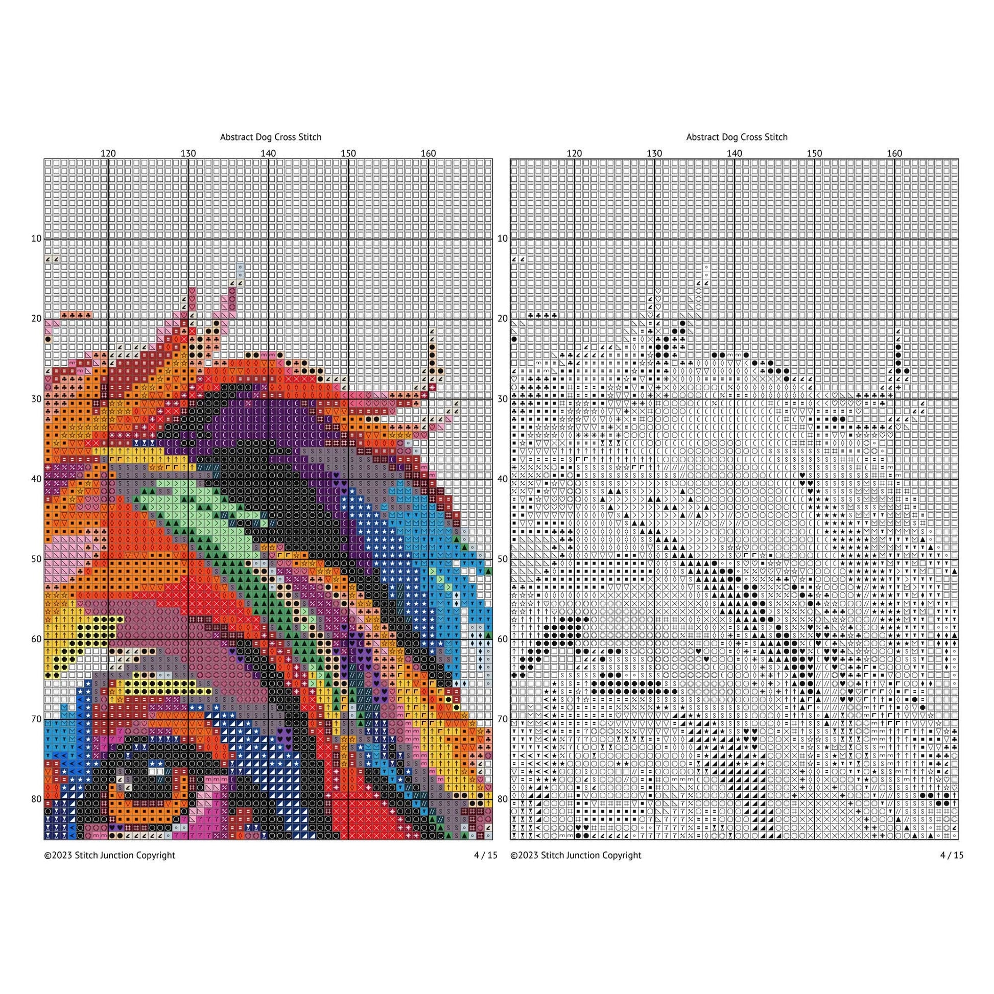 Rainbow Golden Retriever Dog Cross Stitch Pattern digital download chart preview with colour symbols and black-and-white symbol chart for printable counted cross stitch.