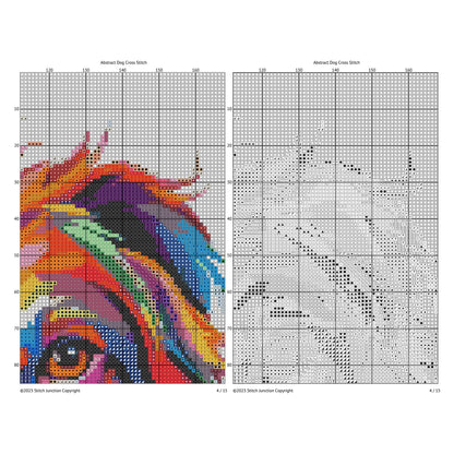 Rainbow Golden Retriever Dog Cross Stitch Pattern digital download chart preview with colour symbols and black-and-white symbol chart for printable counted cross stitch.