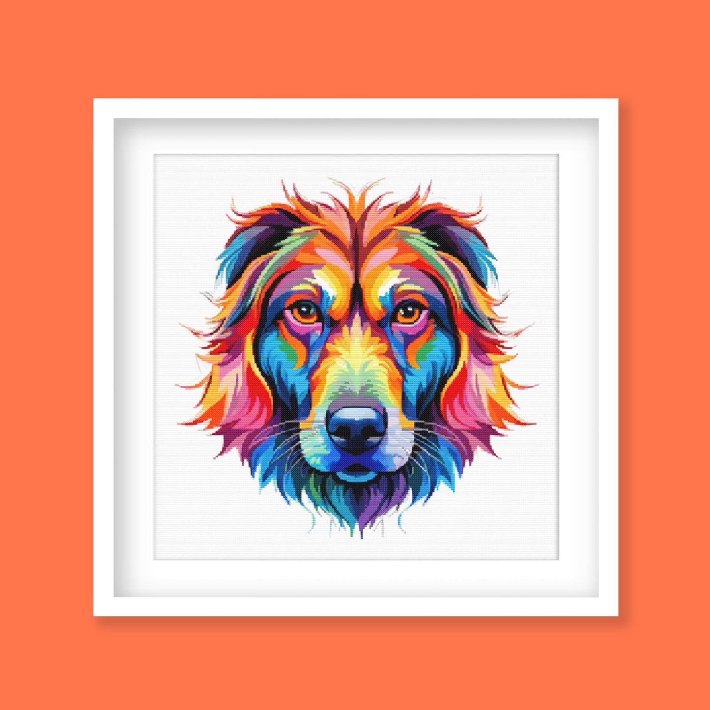 Rainbow Golden Retriever Dog Cross Stitch Pattern displayed as framed wall art with a colourful dog portrait and bright pet-inspired detail.