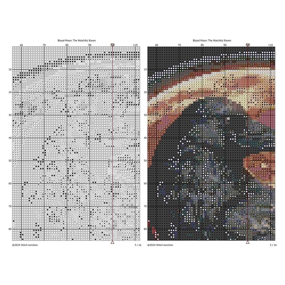 Printable Raven Under a Blood Moon cross stitch chart preview showing the pattern grid, symbols and detailed design layout.