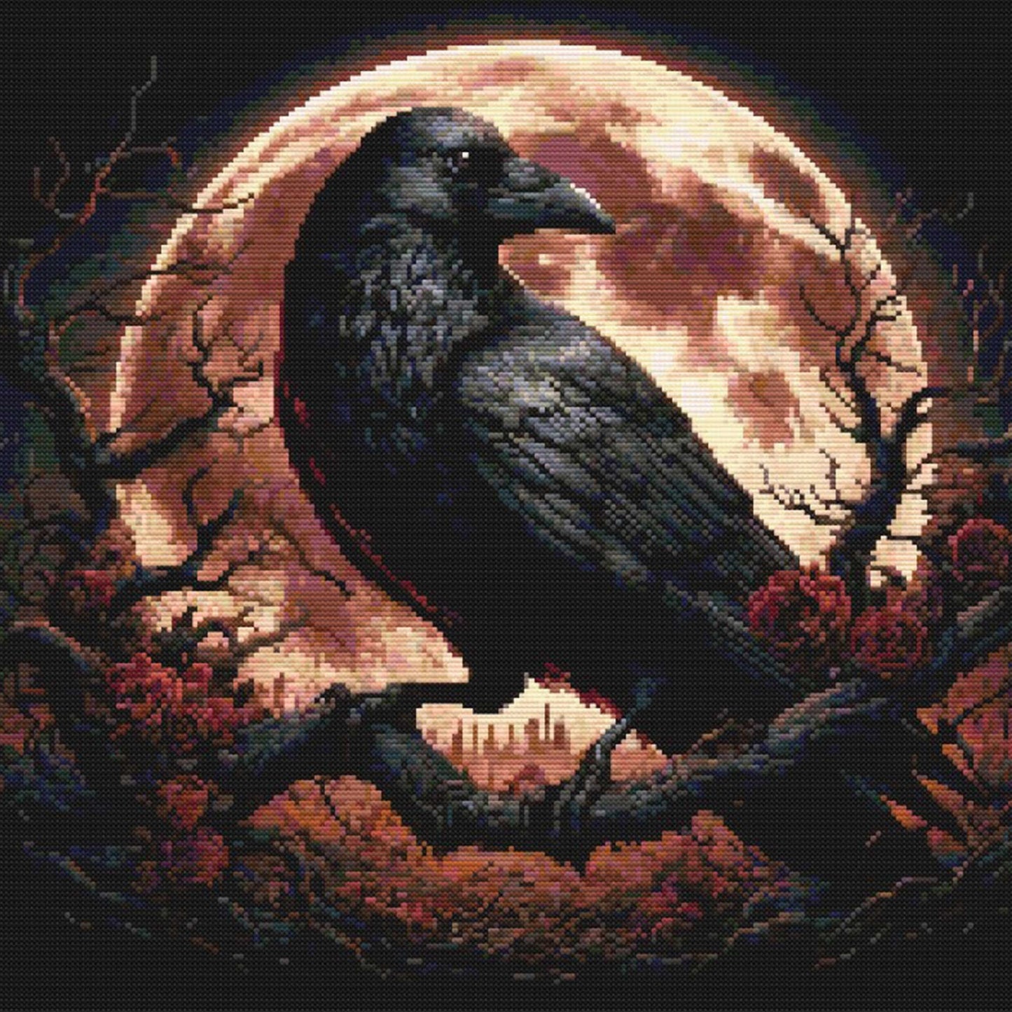 Full Raven Under a Blood Moon cross stitch design featuring a black raven, glowing red moon, twisted branches, skulls and dark floral details.