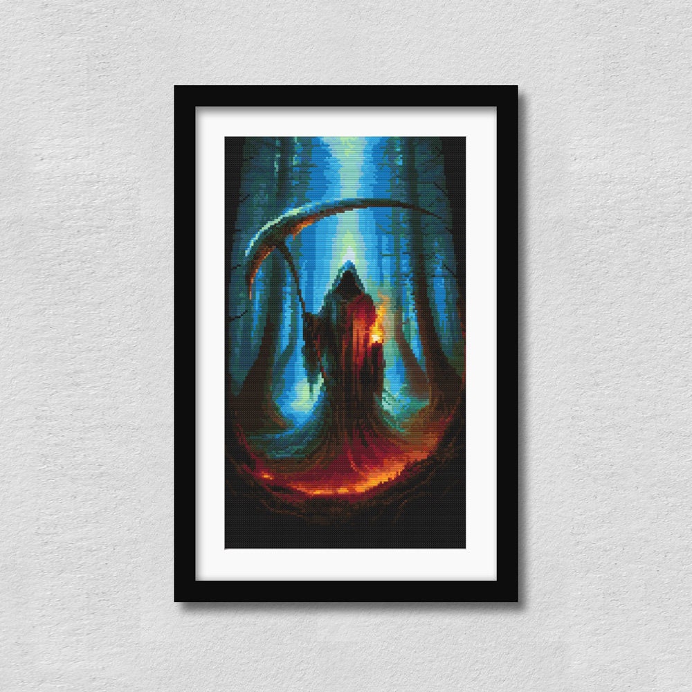 Grim Reaper Cross Stitch Pattern displayed in a black frame as dark gothic wall art with a reaper, lantern, and dramatic blue lighting.