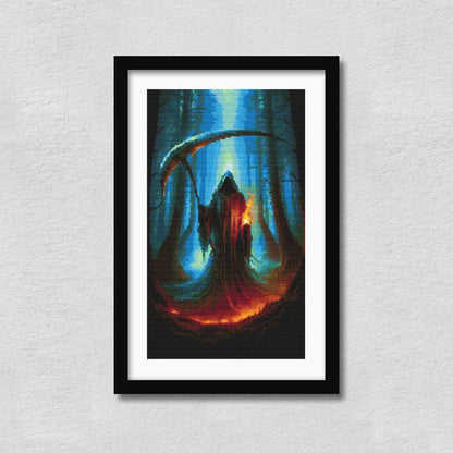 Grim Reaper Cross Stitch Pattern displayed in a black frame as dark gothic wall art with a reaper, lantern, and dramatic blue lighting.