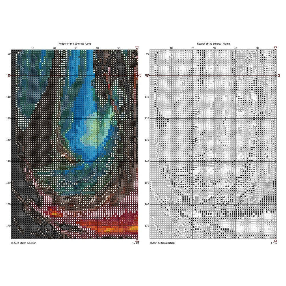 Grim Reaper Cross Stitch Pattern digital download chart preview with colour symbols and black-and-white symbol chart for printable counted cross stitch.