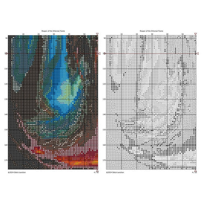 Grim Reaper Cross Stitch Pattern digital download chart preview with colour symbols and black-and-white symbol chart for printable counted cross stitch.