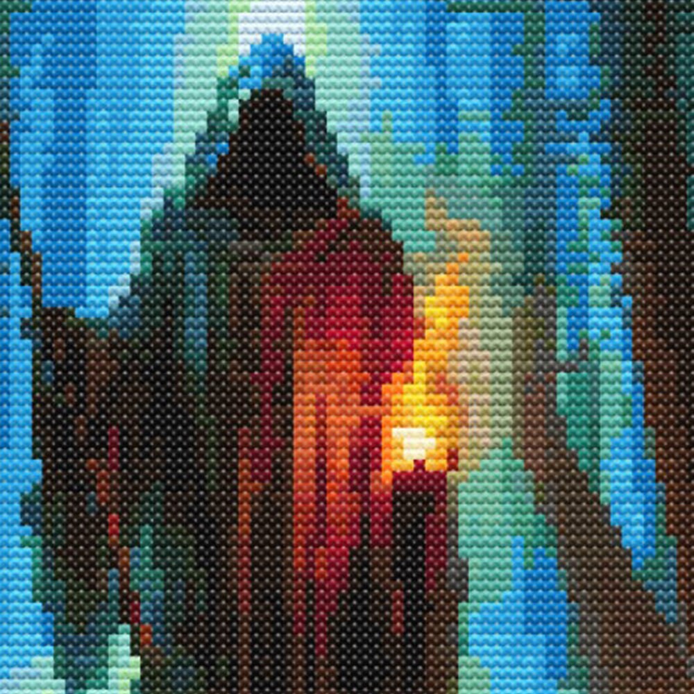 Close-up of Grim Reaper Cross Stitch Pattern showing the hooded figure, scythe, blue moonlight, and visible counted cross stitch texture.